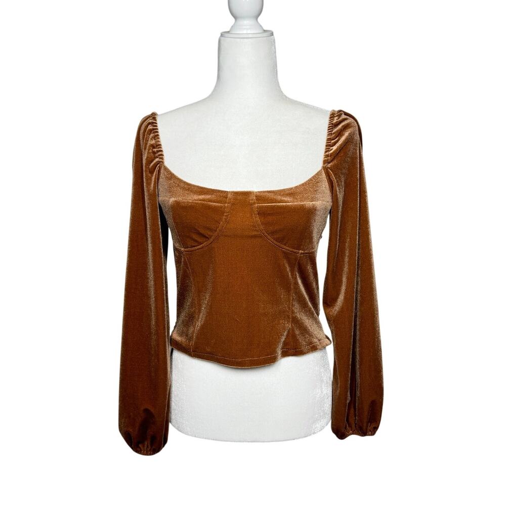 R. Vivimos Velvet Smocked Top Womens Size Small Brown Square Neck Balloon Sleeve